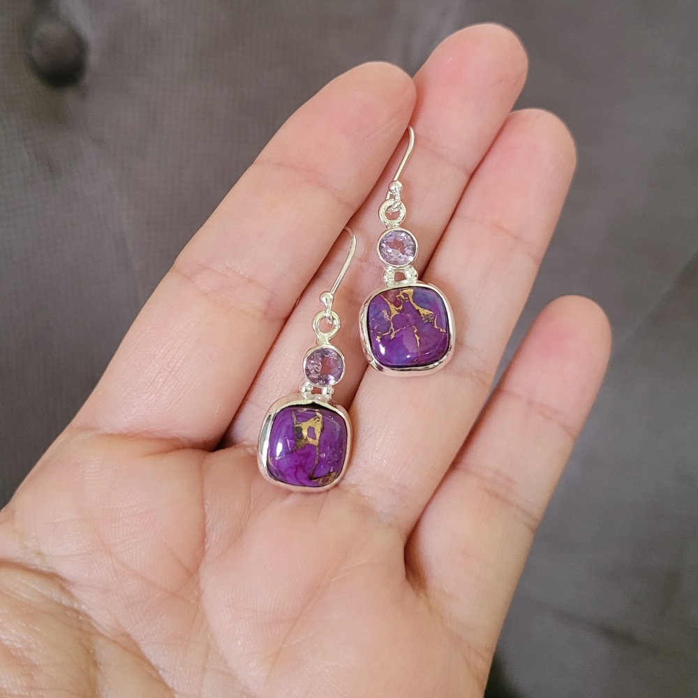 Shivam Square Shaped Purple💜 Copper Turquoise With Gold💛 Veins Earrings - Picture 4 of 16
